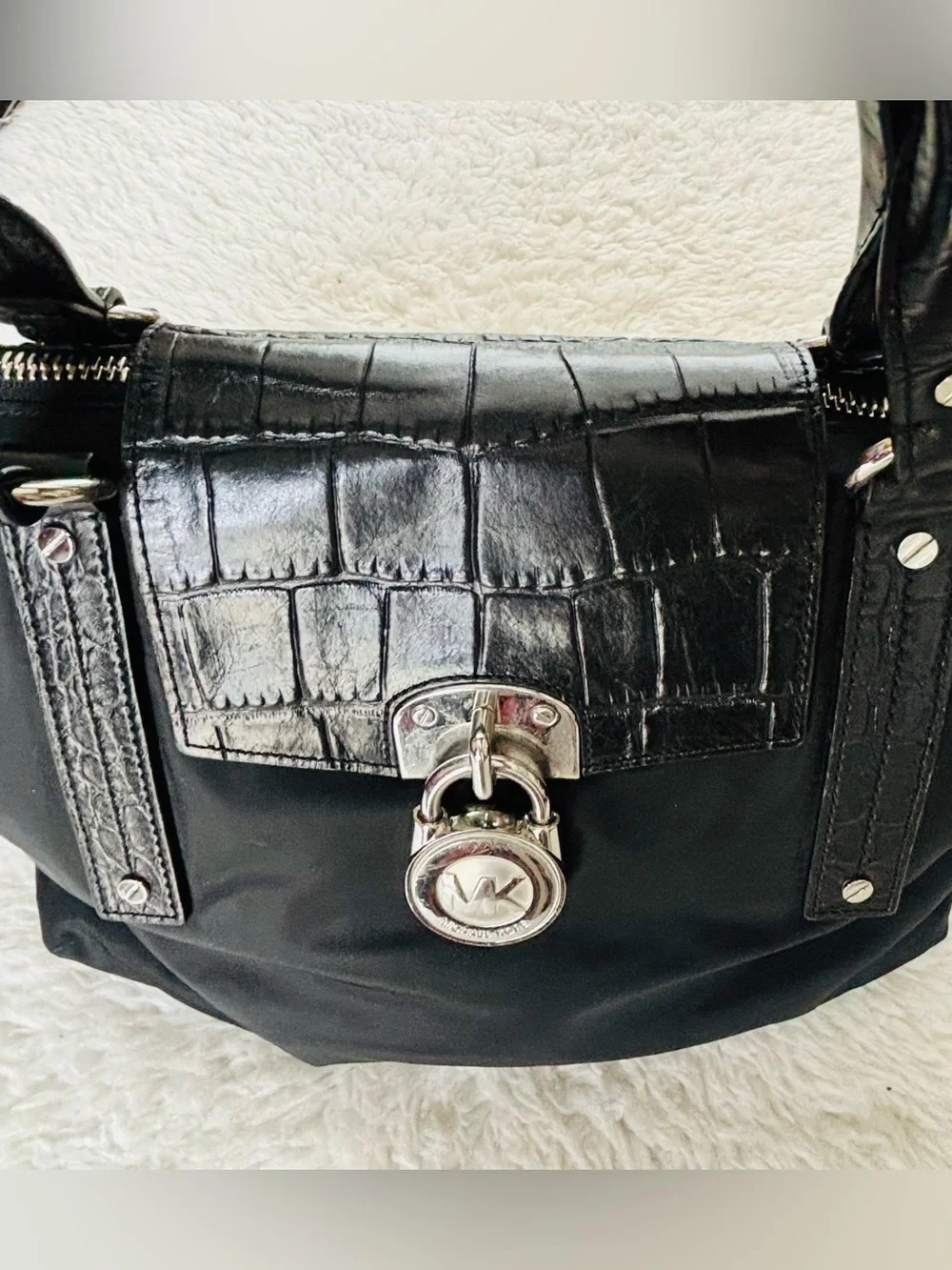 Michael Kors Black Tote with Croc-Trim Flap and Logo Lock